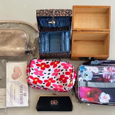Lot Of Assorted Jewelry And Trinket Boxes, Eye Masks, Travel Bags, And Tahari Hand Bag