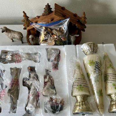 Wood And Resin Partial Nativity Sets And (3) Lighted Christmas Trees In Original Boxes