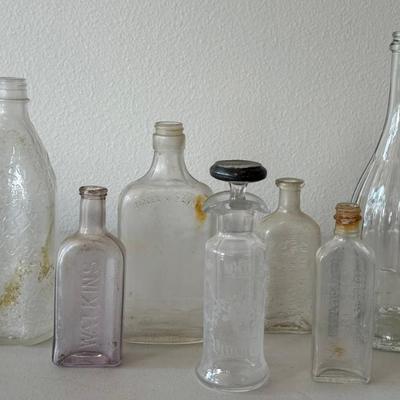 (7) Antique Bottles - Etches Oil And Vinegar With Sterling Lid, Alkins, Creomulsion, Groves, And More