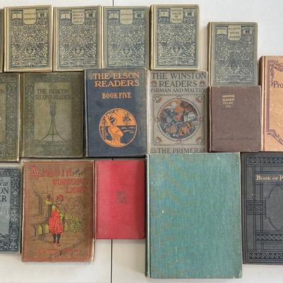 Vintage And Antique Hard Back Books - The Beacon Primer, The Book Of Psalms, Aladdin, The Elson Readers, Etc. 
