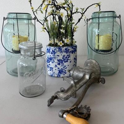 Home Decor -  (2) Jar Candles, Ball Jar, Blue Planter With Greenery, And Universal No. 2 Grinder