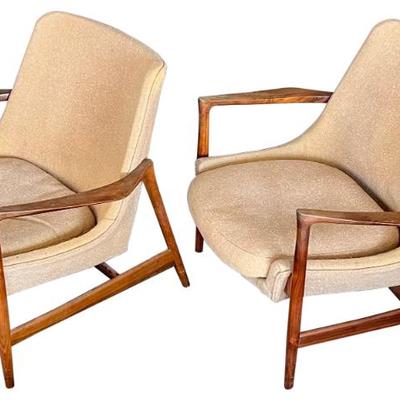 Pair Of Mid Century Modern Teak Upholstered Arm Chairs 