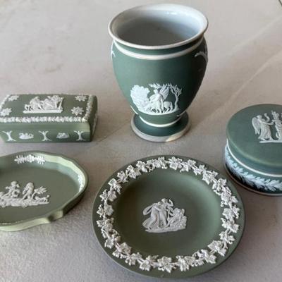 Sage Green Wedgwood Jasperware Neo Classical (2) Trinket Boxes, Vase, And (2) Pin Dishes