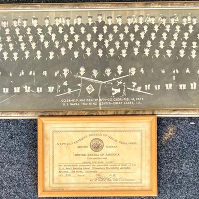 1945 US Naval Training Center - Great Lake Ill Photograph, And A US Naval Training School Certificate