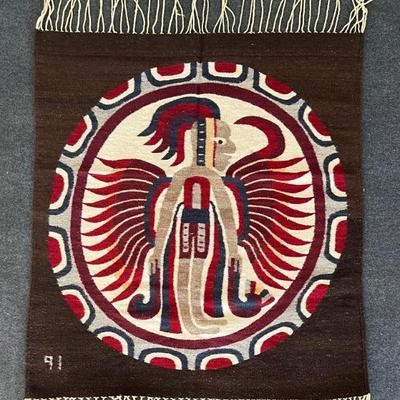 Vintage Mexico Wool Pictorial 38" X 42" Rug With Fringe Marked 91