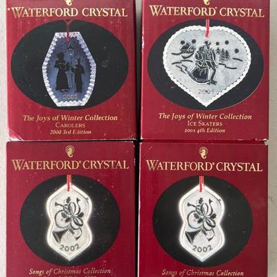 (4) Waterford Crystal 200, 2001, And 2002 Ornaments With Bags, Paperwork, And Original Boxes