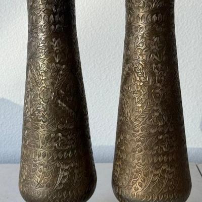Pair Of Vintage Floral Etched 12.5" Ornate Brass Vases
