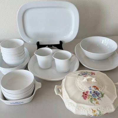 Vintage Centura Corningware, Cornflower, Crowned Pottery Dish, And Crate And Barrel Serving Pieces 