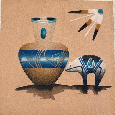 Native American Sand Painting  On Board Bear - Wedding Vase And Feathers 12 X 12 