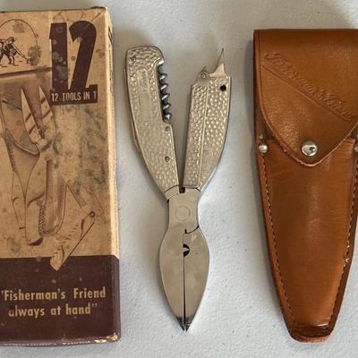 Vintage Fisherman's Friend 12 Tools In 1 Multi-tool In Box And Leather Sheath