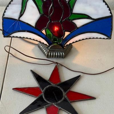 Vintage Stained Glass Iris Lamp With Brass Base (as Is) And An Antique Stained Glass 8 Sided Star
