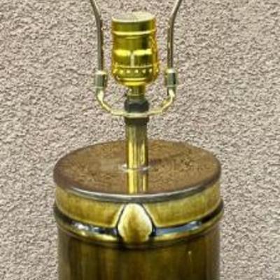 Vintage Heavy Glazed Pottery Table Lamp With Wood Base