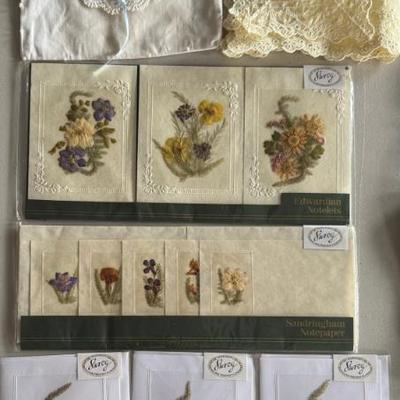Hand Made Shrog English Pressed Flowers Paper Notes And Cards, (2) Doilies, Cotton Hand Made Crochet Bags