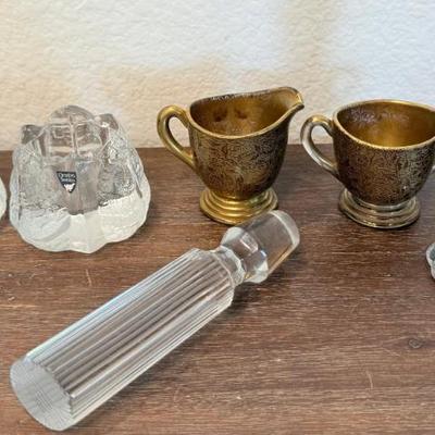 Pair Of Orrefors Candleholders - Gold Floral Glass Creamer & Sugar - MCM Crystal Stopper - Crystal Salt Shaker