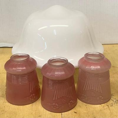 (4) Vintage Glass Shades - Milk Glass Dome & 3 Pink Pendants 