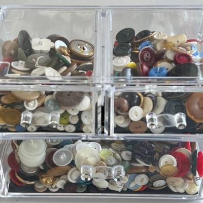 Acrylic Organizer Full Of Vintage And Antigue Buttons - Gold And Silver Tone, Bakelite, Plastic, And More