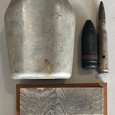 US Mirro 1953 Canteen, Garrett Wade Co. Sharpening Stone, T328 30mm Round, F45 Cal Round