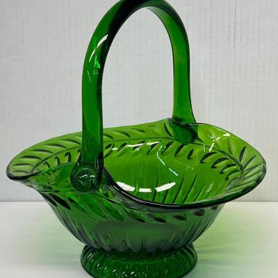 Emerald Green Art Glass Basket Marked " DB " On Handle 