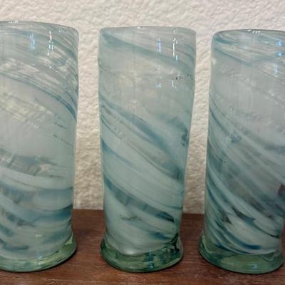(3) Handblown 7 Inch Art Drinking Glasses By Becraft Of The Oarks 