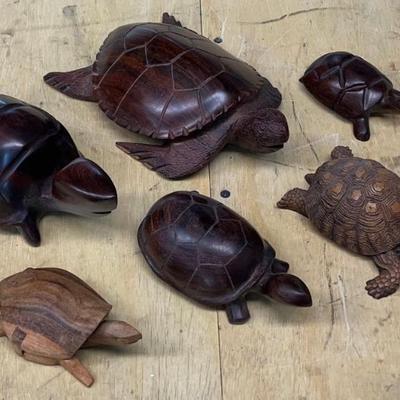 (6) Dark Wood And Resin Turtle Figurines - (1) Trinket Box