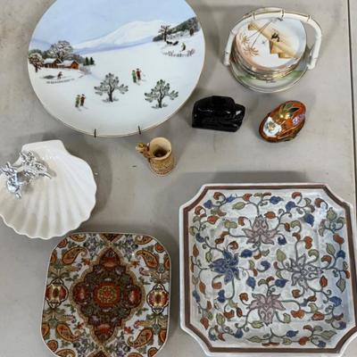 (2) Asian Plates, Lefton China Plate, Crab Soap Dish, CMC Museum Figurine, Limoges Cat Trinket, And More