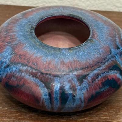 Vintage Red & Blue Ceramic Flower Frog Vase Signed Chin