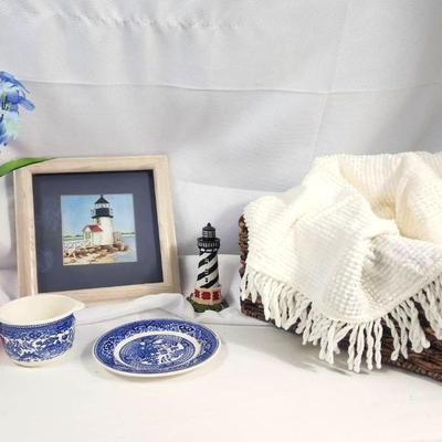 Wicker Storage Basket, Vase, Blanket, Lighthouse Decor