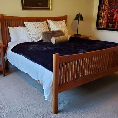  Heartwood King Bed and side tables by Vermont Furniture Design. Mattress and cover included.