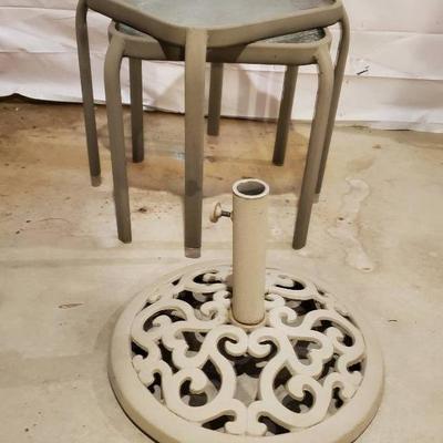 Metal Umbrella Stand and (2) Metal/Glass Tables