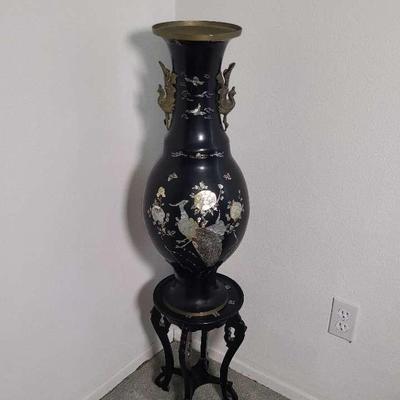 Asian Black Vase On Pedestal