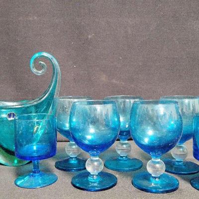 BLUE MURANO GLASS AND WINE GLASSES