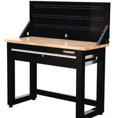 HUSKY 48 in. W x 20 in. D 1-Drawer Black Workbench with Pegboard and Solid Wood Top-NIB!