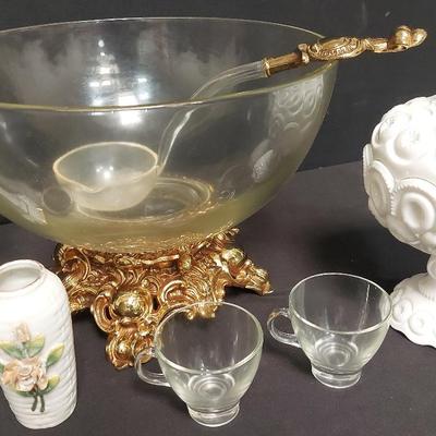 VINTAGE PUNCH BOWL SET, MILK GLASS COMPOTE DISH, AND MORE!