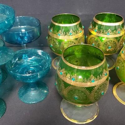 VINTAGE HAND BLOWN ITALIAN GREEN AND GOLD GLASSWARE
