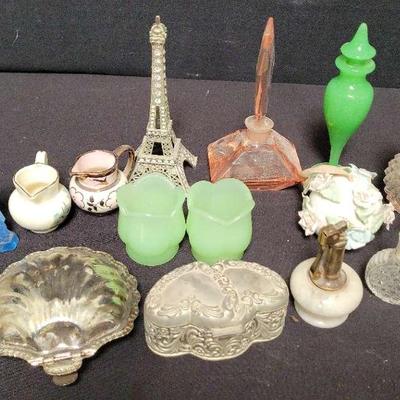 PERFUME BOTTLES, COLORFUL GLASSWARE, AND TRINKET BOXES