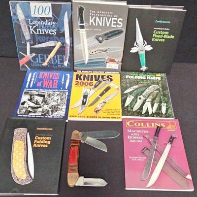GIGANTIC KNIFE AND 8 KNIFE BOOKS