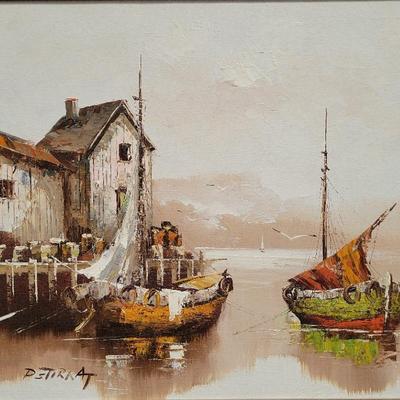 BOATS DOCKED AT BAY ORIGINAL PAINTING BY P. STIRRAT