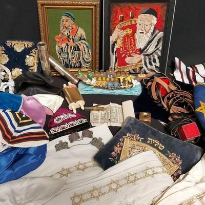 JUDAICA LOT OF PRAYER SHAWLS, ART, AND MORE