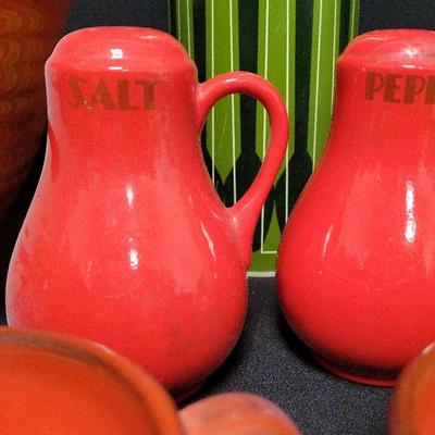ORANGE CERAMIC BOWLS, SALT & PEPPER SHAKERS, CUPS, AND A VINTAGE GREEN THERMOS