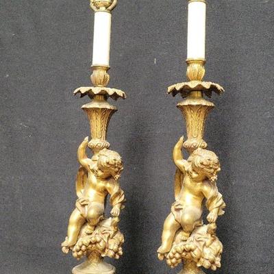 LOVELY PAIR OF BRONZE CHERUB TABLE LAMPS
