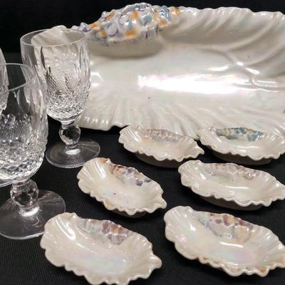 WATERFORD GLASSES AND VASE WITH VINTAGE CELERY DISH AND SALT CELLARS