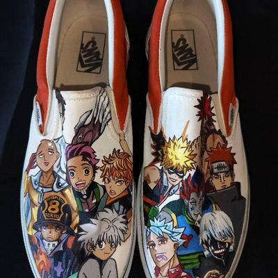 Brand New Vans Slip Ons Hand Painted Japanese Anime Design Size 9H Never Worn
