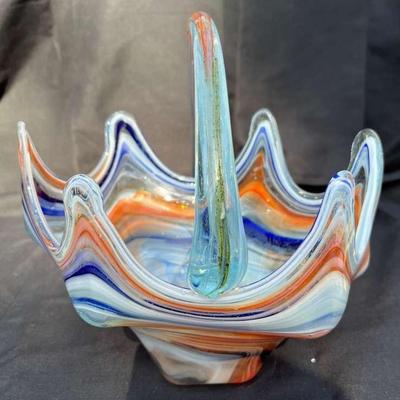 Vintage Hand Blown Art Glass Bowl Murano Style Blue Orange Swirl Cornucopia
