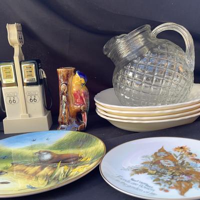 Group Of Various Bowls, Decorative Plates, bud Vase And Route 66 Gas Pump Salt And Pepper Shakers