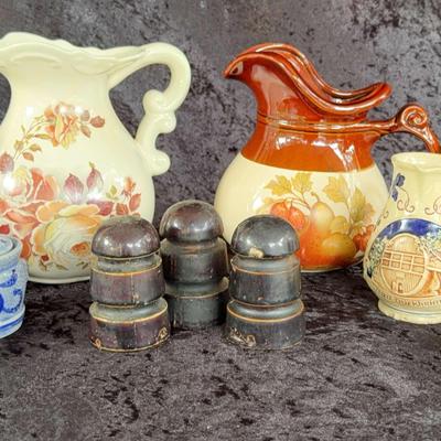 Group Of Ceramic And Stoneware Serving Items And Small Brown Porcelain Insulators