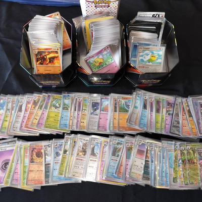 Pokémon English TCG HUGE Multi-Rarity Card Assortment + 3 Metallic Card Tins