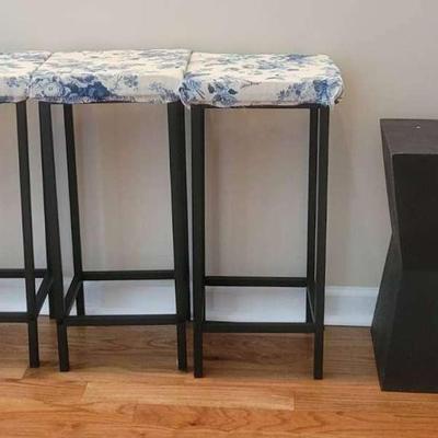 Four Upholstered Metal Barstools and Two Modern Pedestals