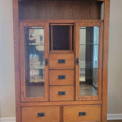 Mission-Style Lighted Oak Display Cabinet with Glass Doors and Storage Drawers