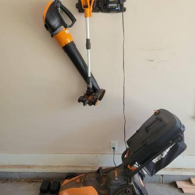 WORX Lawn Set Featuring Mower, Trimmer, and Turbine Leaf Blower with Dual Chargers