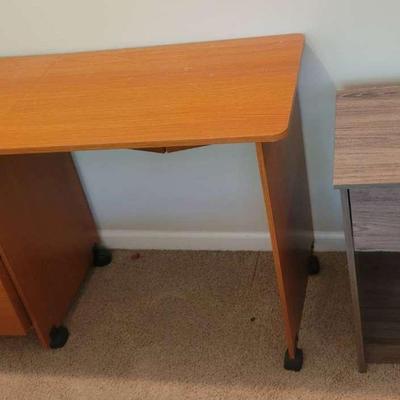 Compact Rolling Desk with Drawers and Small Woodgrain Nightstand